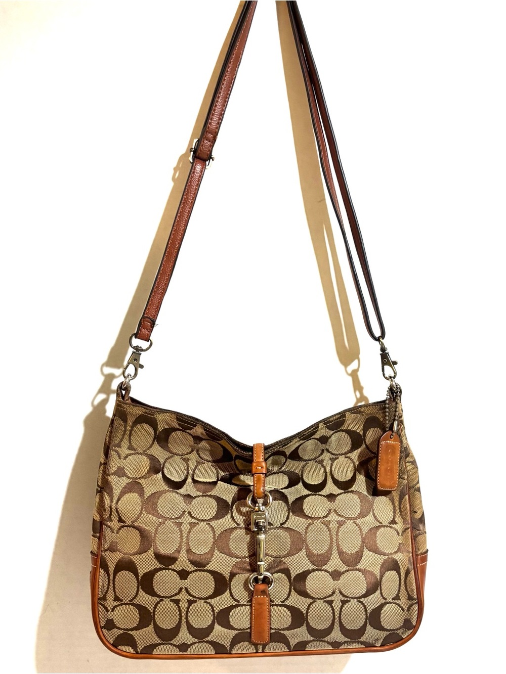 Coach vintage Brown Signature Jacquard Shoulder Bag with Tan Leather Trim